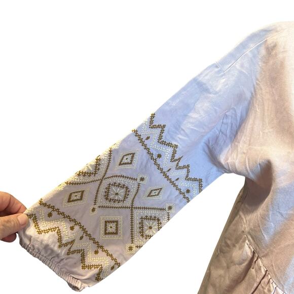 Madewell V-Neck Dress Linen Blend Embroidered Neckline & Peasant Sleeves SZ SM - Picture 6 of 10